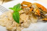 Italian Gnocchi With Seafood Sauce With Crab And Basil Stock Photo