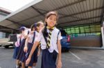 Student 9-10 Years Old, Scout In Adventure Activities, Scout Camp School Bangkok Thailand Stock Photo