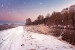 Winter Misty Dawn On The River. Snowflakes, Snowfall. Sunny Wint Stock Photo