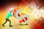 3d Man Pushing The Dollar Sign Stock Photo