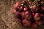 Shallots Still Life Sack Background Close Up Stock Photo