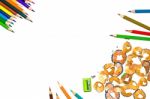 Color Pencil And Pencil On White Background Stock Photo