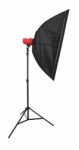 Strobe Flash Light With Stand And Softbox On White Background Stock Photo