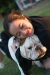 Woman Hug English Bulldog Stock Photo