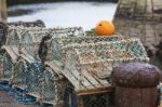 Mesh Net Shellfish Traps At Sea Port Stock Photo