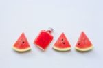 Bottle Of Fresh Watermelon Juice With  Watermelon Pieces Stock Photo