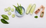 Natural Herbal Skin Care Products. Top View Ingredients Cucumber Stock Photo