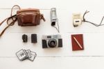 Camera, Sheath, Flash, Light Meter And Vintage Camera Stock Photo