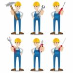 Cartoon Mechanic With Tools Set Stock Photo