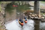 < Mixed People Canoeing Down The Vlatava River To Krumlov> Stock Photo