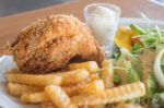 Deep Fried Chicken Meat With Organic Salad Stock Photo