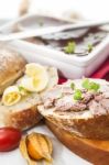 Goose Liver And Sauternes Pate With Physalis, Sliced Bread And B Stock Photo