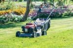 Modern Gasoline Lawn Mower Stock Photo