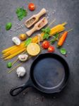 Italian Food And Menu Concept. Spaghetti With Ingredients Sweet Stock Photo