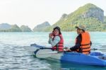 Mother And Daughter Take Pictures On Kayak Stock Photo