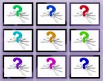 Question Marks On Monitors Showing Asked Questions Stock Photo