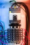 Electric Outdoor Fuse Box In Soft Light Stock Photo