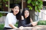 Two Asia Thai Teen Best Friends Girls Smile And Funny Stock Photo