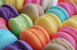 Close Up Colourful Tasty Sweet Macaroons Dessert On Black Backgr Stock Photo