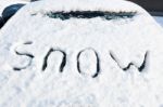 Word Snow On Windshield Of Car Stock Photo