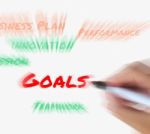 Goals On Whiteboard Displays Targets Aims And Objectives Stock Photo