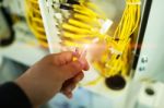 People Fix Node Fiber Optic In Network Room Stock Photo