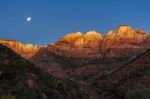 Sunrise Over The Towers Of The Virgin And The West Temple Stock Photo