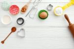 Baking Ingredients And Tool On White Wood Stock Photo