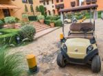 Golf Cart On Golf Course Stock Photo