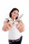 Young Model Holding Fork And Knife Stock Photo