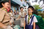 Student 9-10 Years Old, Welcome To Boy Scout Camp In Bangkok Thailand Stock Photo