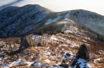 Winter Landscape With Sunset And Foggy In Deogyusan Mountains, South Korea Stock Photo