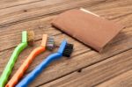 Wire Brush Sandpaper Equipment Background Wood Teak Still Life Stock Photo