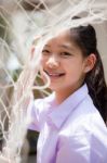 Portrait Of Thai High School Student Uniform Teen Beautiful Girl Happy And Relax Stock Photo