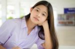 Portrait Of Thai High School Student Uniform Teen Beautiful Girl Happy And Relax Stock Photo