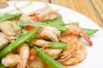 Close-up Fried Shrimp, Pork And Sweet Peas Stock Photo