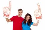 Couple Showing Boo Hurray Hand Stock Photo