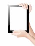 Hand Holding Tablet Digital Isolated White Clipping Path Inside Stock Photo