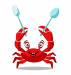 Funny Red Crab Cartoon Holding Spoons For Food Flavor Concept Stock Photo