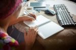 Woman Writing Shot Memories Note On White Paper With Relaxing Time And Emotion Stock Photo