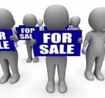 Characters Holding For Sale Signs Mean On Sale Goods Stock Photo