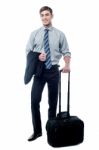 Handsome Businessman Posing With Trolley Bag Stock Photo