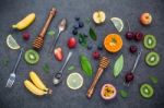 Flat Lay Various Fresh Fruits Raspberry ,blueberry ,strawberry , Stock Photo