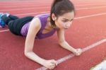 Sport Urban Young Athletic Woman Doing Push-ups. Muscular And St Stock Photo