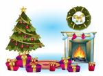 Cartoon  Illustration Interior Christmas Room With Separated Layers Stock Photo