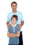 Middle Aged Father Posing With His Smart Son Stock Photo