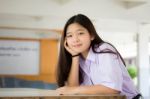 Portrait Of Thai High School Student Uniform Teen Beautiful Girl Happy And Relax Stock Photo