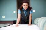 Housekeeping Staff Arranging Room Stock Photo