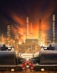 Industrial Trains And Railways Against Heavy Petrochemical Indus Stock Photo