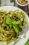 Homemade Spinach Pasta With Pesto Stock Photo